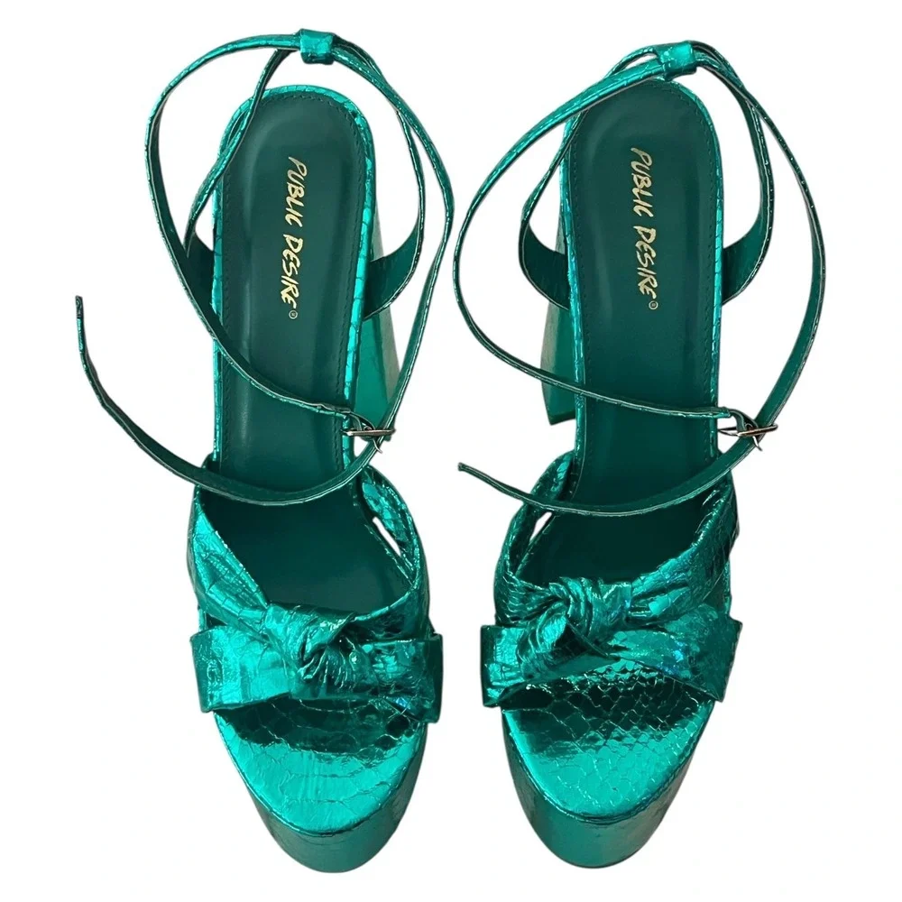 Public Desire x ASOS Leo Metallic Green Platform Heels Strappy Chunky Party Sz 9